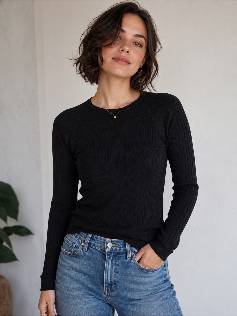 AUGUST SILK Black Ribbed Crewneck Sweater-100% Silk